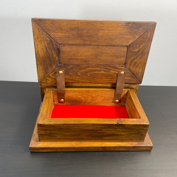 Handmade Wooden Jewelry Box, Red Velvet, Top Opening Keepsake, Luxury Wood, Vint - Picture 3 of 10